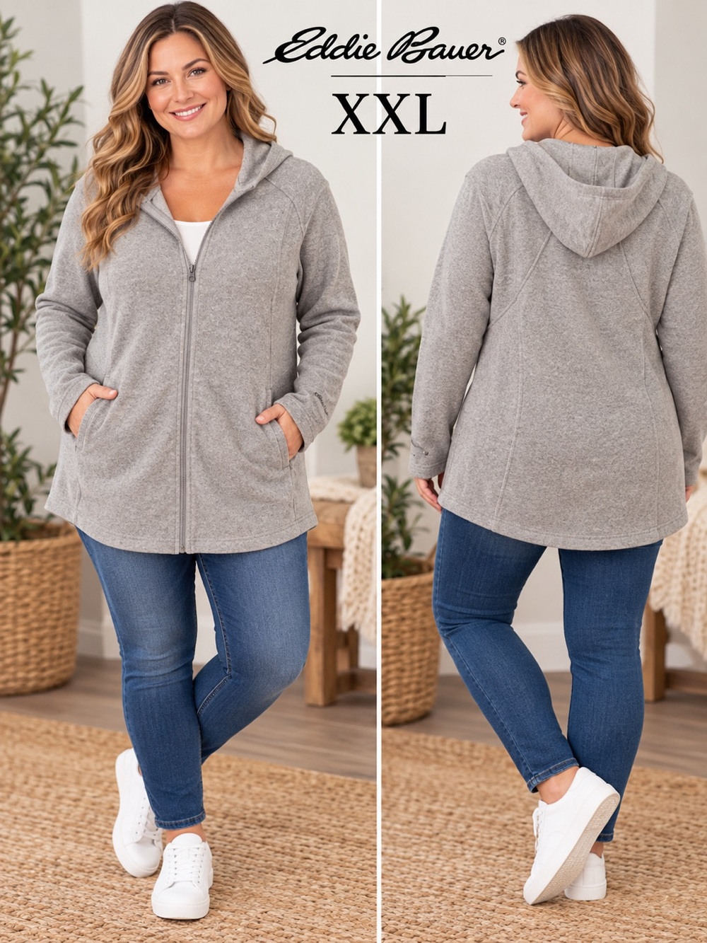 Eddie Bauer Women’s XXL Gray Full Zip Hooded Long Jacket Sweater Coat